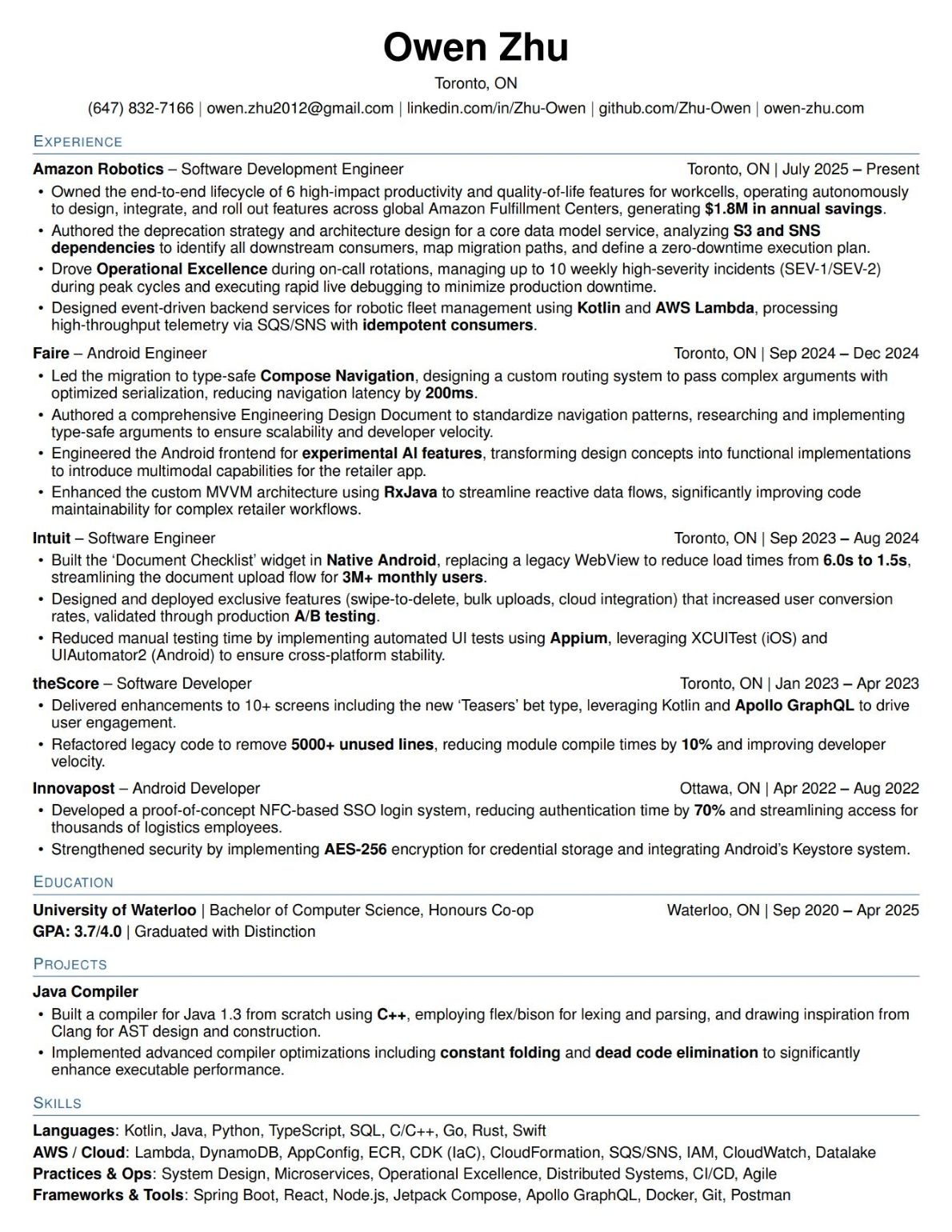 Owen Zhu resume preview